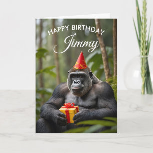 Funny Gorilla with Gift in Jungle Birthday Card
