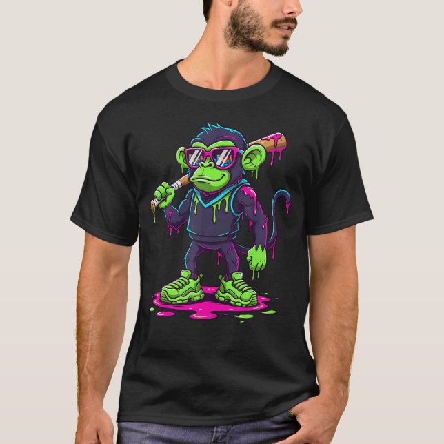 Funny Graffiti Monkey With Baseball Bat Street T-Shirt (Front)