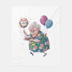 Funny Grandma Bday Cake And Balloon Fleece Blanket