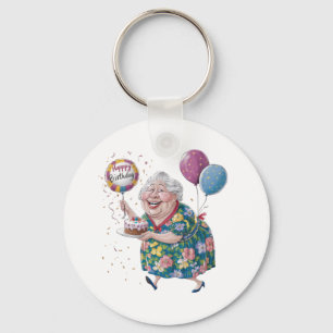 Funny Grandma Bday Cake And Balloon Key Ring