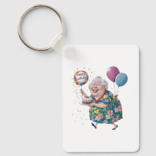 Funny Grandma Bday Cake And Balloon Key Ring