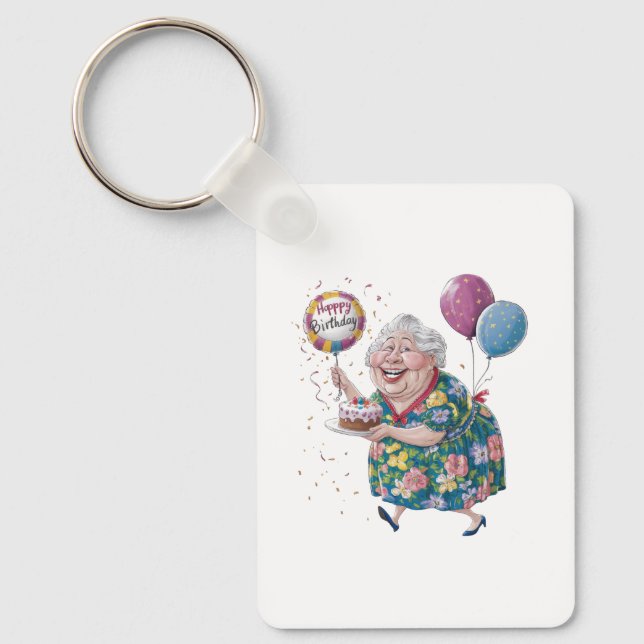 Funny Grandma Bday Cake And Balloon Key Ring (Front)