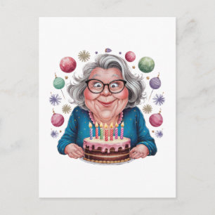Funny Grandma Staring at Cake Bday Art Holiday Postcard