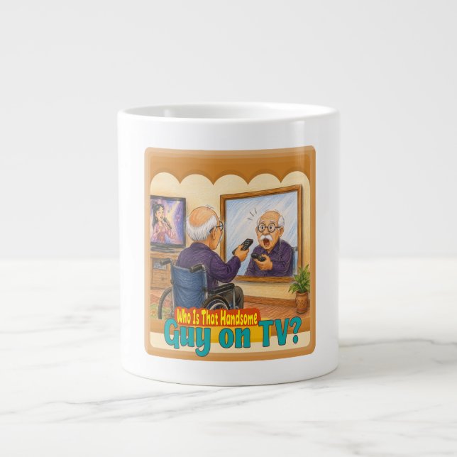 Funny Grandpa Confusing Mirror with TV Drawing Large Coffee Mug (Front)