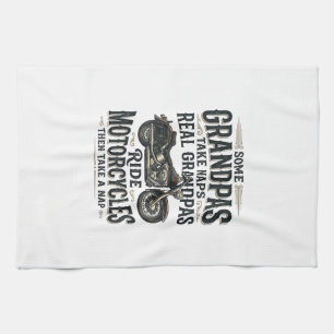Funny Grandpa Motorcycle Nap Vintage Vector Design Tea Towel