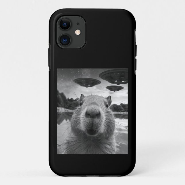 Funny Graphic Capybara Selfie with UFOs Weird Case-Mate iPhone Case (Back)