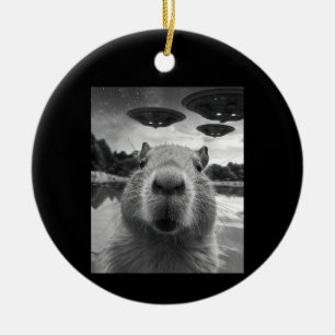 Funny Graphic Capybara Selfie with UFOs Weird Ceramic Tree Decoration