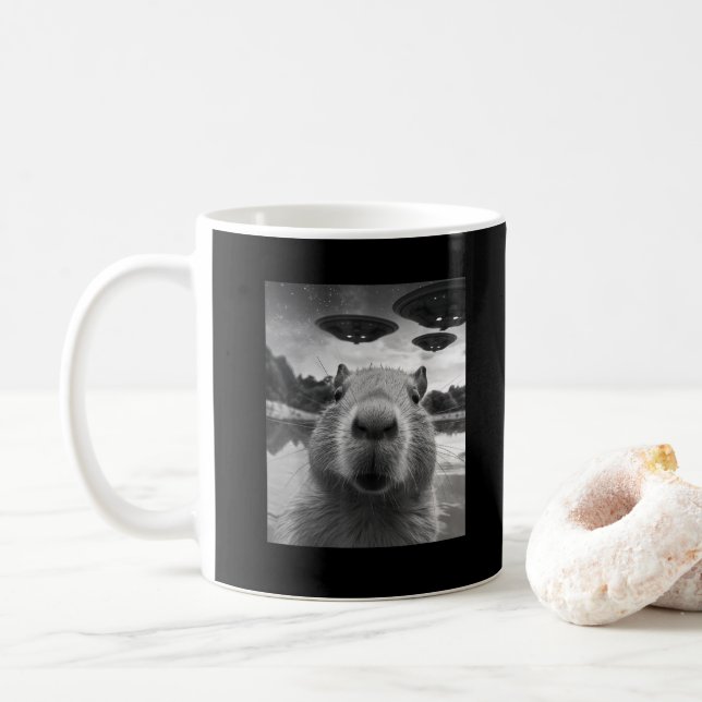 Funny Graphic Capybara Selfie with UFOs Weird Coffee Mug (With Donut)