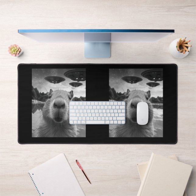 Funny Graphic Capybara Selfie with UFOs Weird Desk Mat (Office 1)