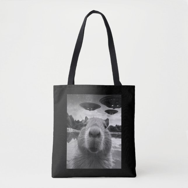 Funny Graphic Capybara Selfie with UFOs Weird Tote Bag (Front)