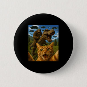 Funny Graphic Cat Selfie With Bigfoot Riding T-rex 6 Cm Round Badge