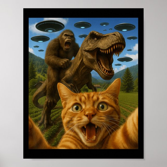 Funny Graphic Cat Selfie With Bigfoot Riding T-rex Poster (Front)
