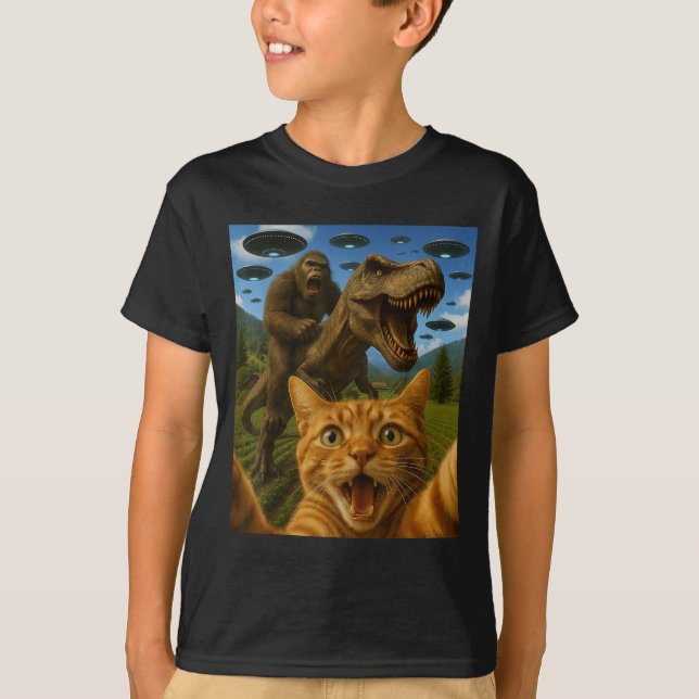 Funny Graphic Cat Selfie With Bigfoot Riding T-rex T-Shirt (Front)