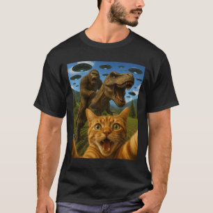 Funny Graphic Cat Selfie With Bigfoot Riding T-rex T-Shirt