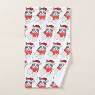 Funny Gray and White Tabby Cat Christmas Hand Towel