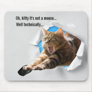 Funny Gray Cat Popping thru Torn Paper Illusion Mouse Mat