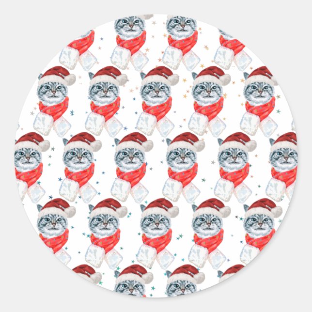 Funny Gray Tabby Cat With Santa Hat Christmas Classic Round Sticker (Front)
