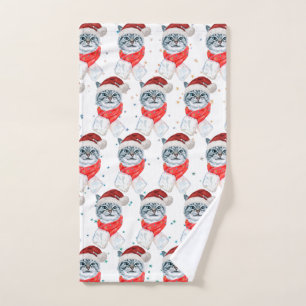 Funny Gray Tabby Cat With Santa Hat Christmas Hand Towel