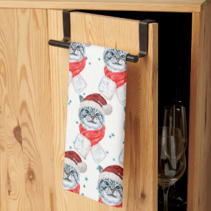 Funny Gray Tabby Cat With Santa Hat Christmas Tea Towel