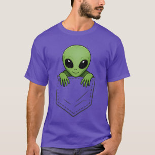 Funny Green Alien Head Peeking in Pocket UFO Men W T-Shirt