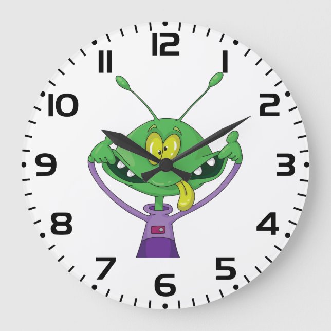 Funny Green Alien Making Silly Face Large Clock (Front)