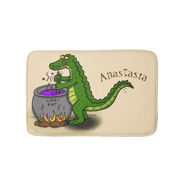 Funny green alligator cooking cartoon bath mat (Front)