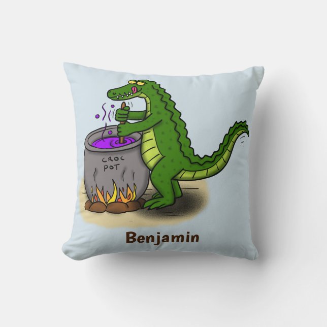 Funny green alligator cooking cartoon cushion (Front)