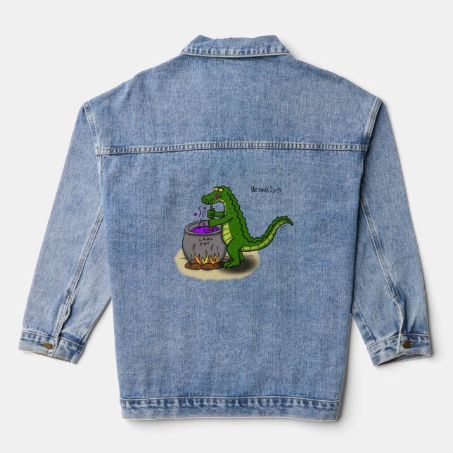 Funny green alligator cooking cartoon denim jacket (Back)