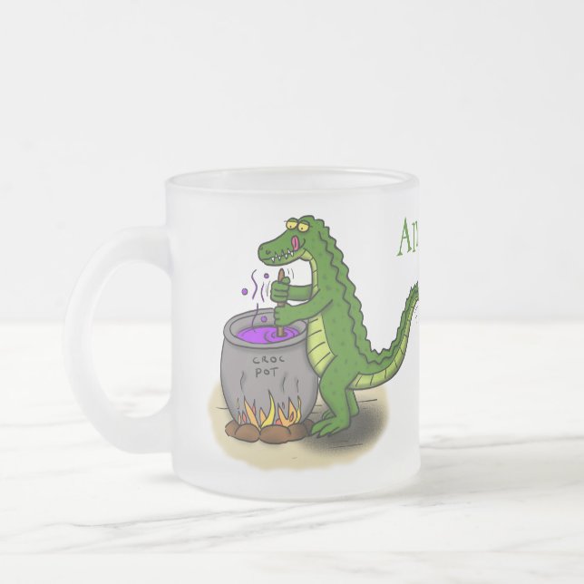 Funny green alligator cooking cartoon frosted glass coffee mug (Left)