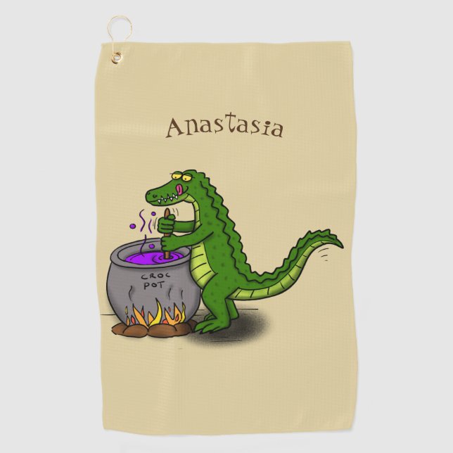 Funny green alligator cooking cartoon  golf towel (Front)