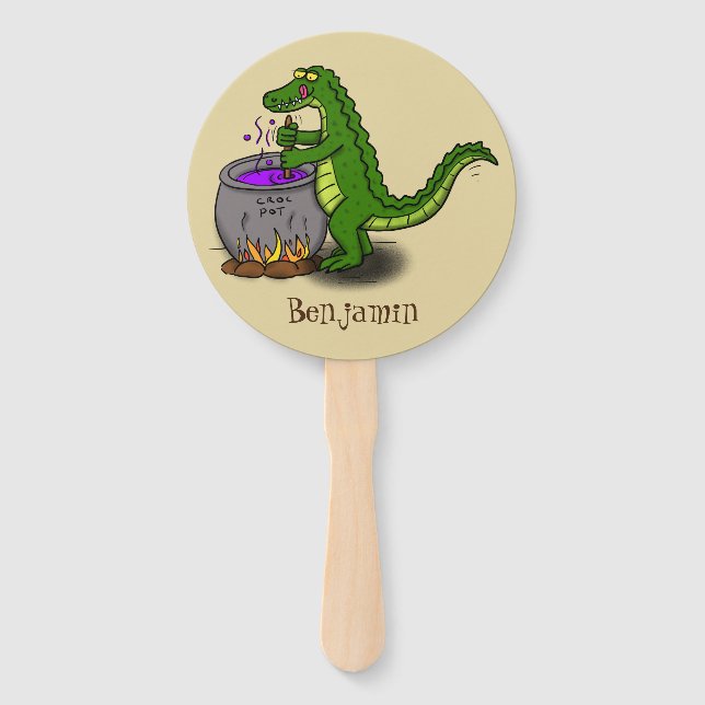 Funny green alligator cooking cartoon hand fan (Front)