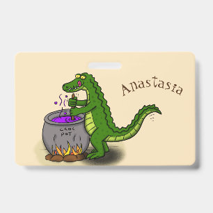 Funny green alligator cooking cartoon ID badge