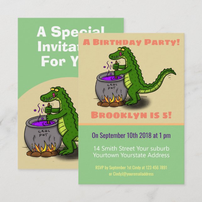 Funny green alligator cooking cartoon invitation (Front/Back)