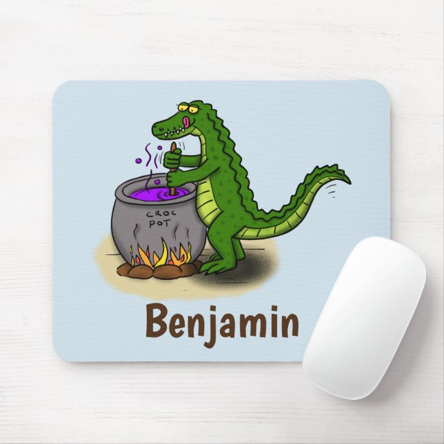 Funny green alligator cooking cartoon mouse mat (With Mouse)