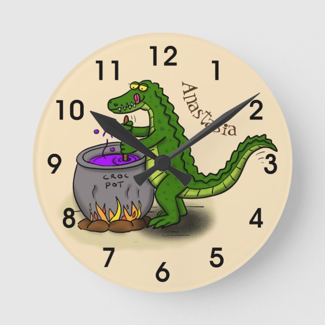 Funny green alligator cooking cartoon round clock (Front)