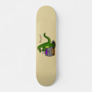 Funny green alligator cooking cartoon skateboard