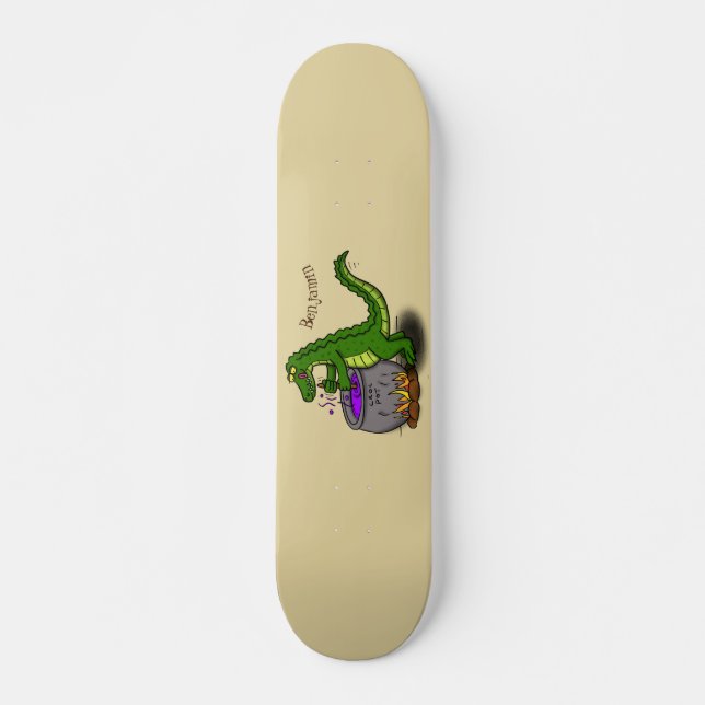 Funny green alligator cooking cartoon skateboard (Front)