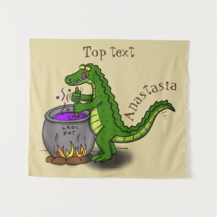 Funny green alligator cooking cartoon  tapestry