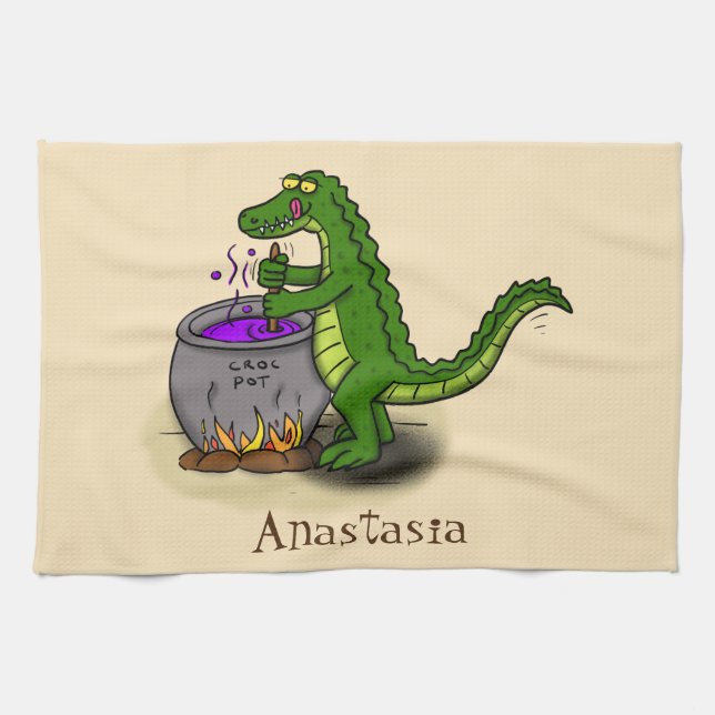 Funny green alligator cooking cartoon tea towel (Horizontal)