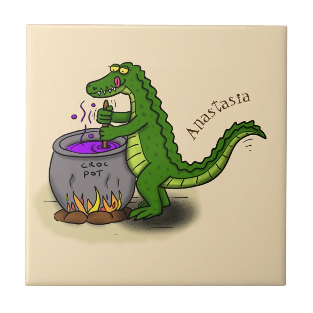 Funny green alligator cooking cartoon tile (Front)