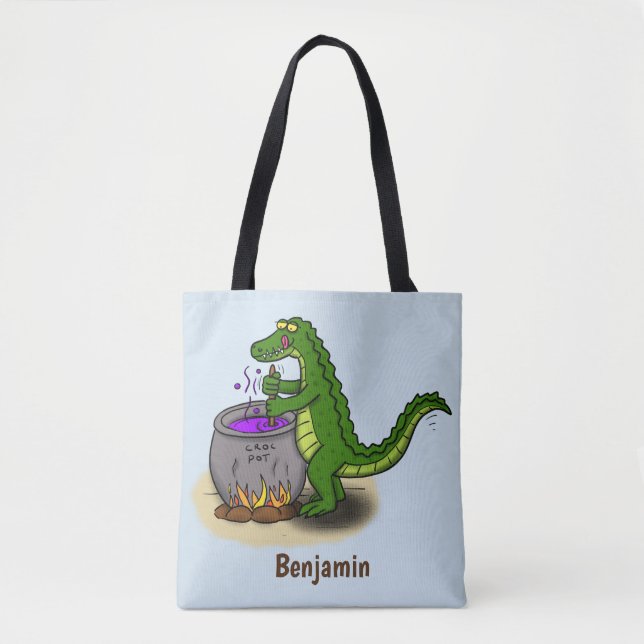 Funny green alligator cooking cartoon tote bag (Front)