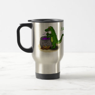 Funny green alligator cooking cartoon travel mug