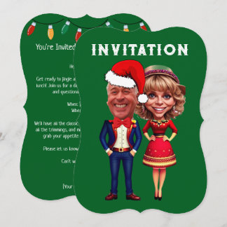 Funny Green and red Xmas Caricature couple Invitation