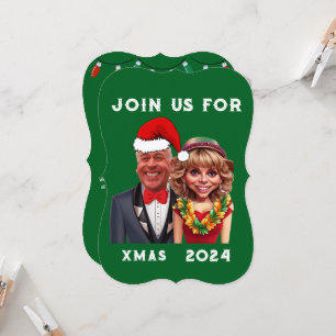 Funny Green and red Xmas Caricature couple Invitation