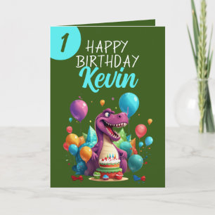 Funny Green and Teal Trex Boy 1st Birthday Card