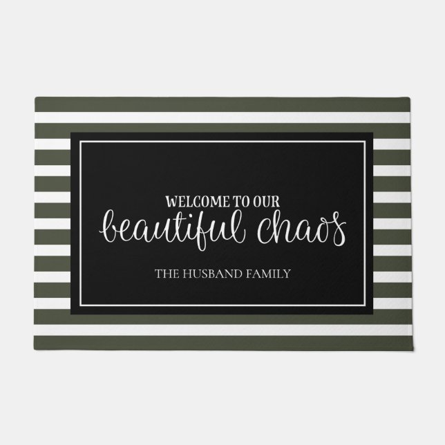 Funny Green and White Stripes Monogram Doormat (Front)