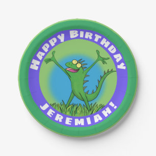 Funny green animated iguana lizard birthday paper plate