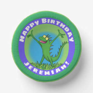 Funny green animated iguana lizard birthday paper plate