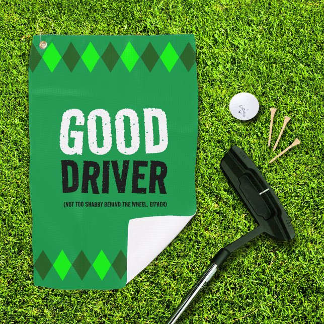 Funny Green Argyle Good Driver ... Golf Towel (Good Driver green argyle golf towel with putter, ball, and 3 tees on golf green)