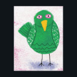 Funny Green Bird Postcard<br><div class="desc">A funny green bird in folk art,  childlike style over a pink and white mottled background.</div>